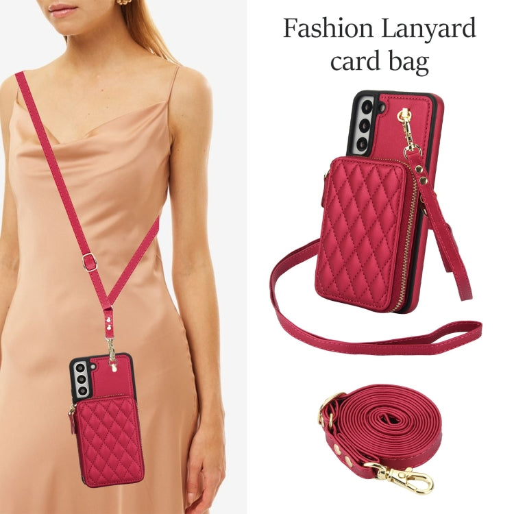 For Samsung Galaxy S22+ 5G AwQuer Crossbody Zipper Wallet Rhombic Leather Back Phone Case