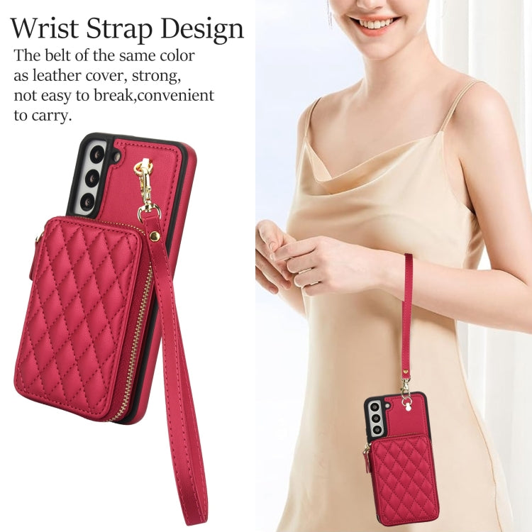 For Samsung Galaxy S22+ 5G AwQuer Crossbody Zipper Wallet Rhombic Leather Back Phone Case