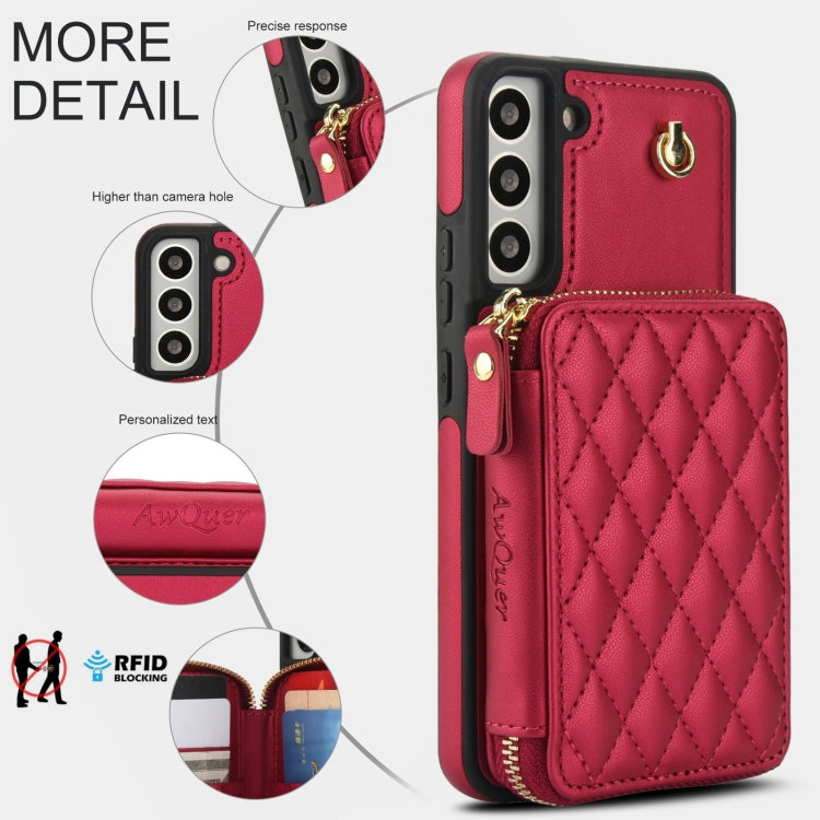 For Samsung Galaxy S22+ 5G AwQuer Crossbody Zipper Wallet Rhombic Leather Back Phone Case
