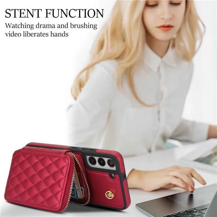 For Samsung Galaxy S22+ 5G AwQuer Crossbody Zipper Wallet Rhombic Leather Back Phone Case