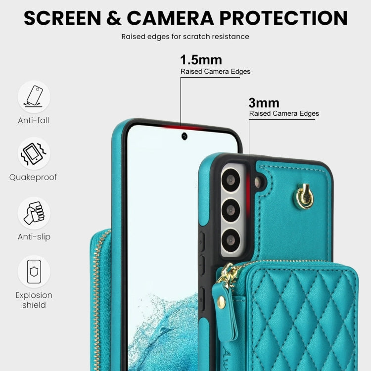 For Samsung Galaxy S22+ 5G AwQuer Crossbody Zipper Wallet Rhombic Leather Back Phone Case