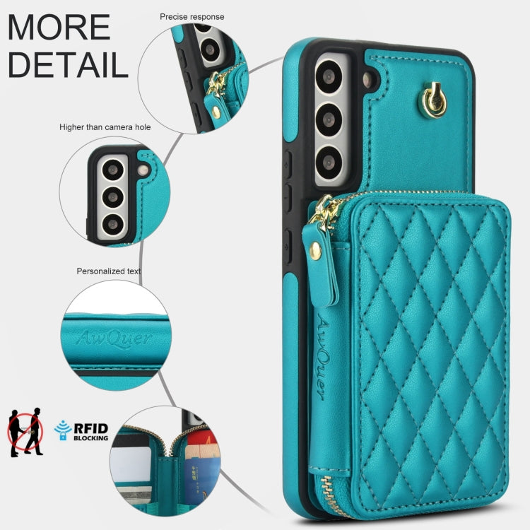 For Samsung Galaxy S22+ 5G AwQuer Crossbody Zipper Wallet Rhombic Leather Back Phone Case
