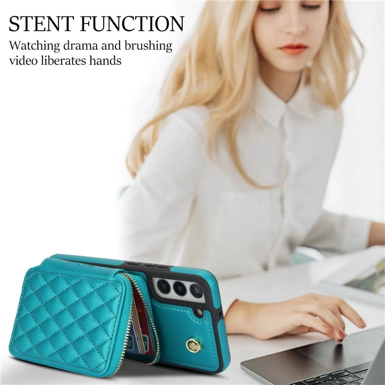 For Samsung Galaxy S22+ 5G AwQuer Crossbody Zipper Wallet Rhombic Leather Back Phone Case