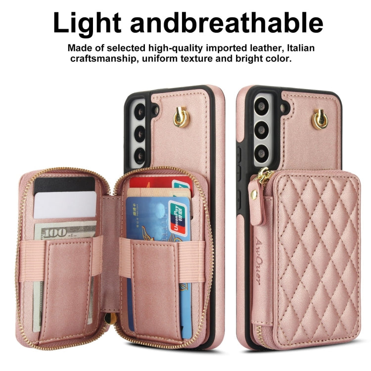 For Samsung Galaxy S22+ 5G AwQuer Crossbody Zipper Wallet Rhombic Leather Back Phone Case