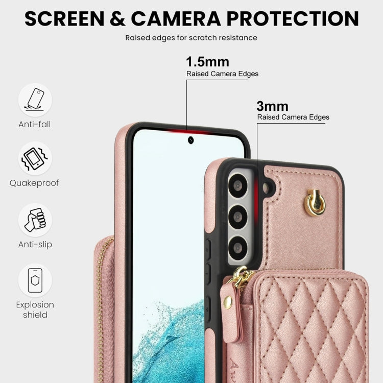 For Samsung Galaxy S22+ 5G AwQuer Crossbody Zipper Wallet Rhombic Leather Back Phone Case