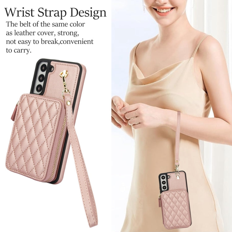 For Samsung Galaxy S22+ 5G AwQuer Crossbody Zipper Wallet Rhombic Leather Back Phone Case