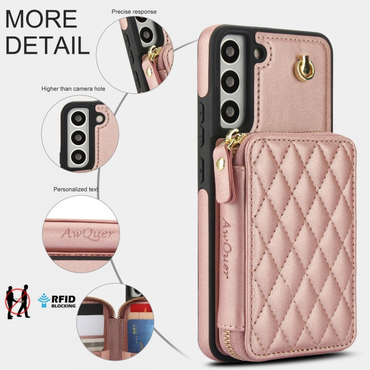 For Samsung Galaxy S22+ 5G AwQuer Crossbody Zipper Wallet Rhombic Leather Back Phone Case