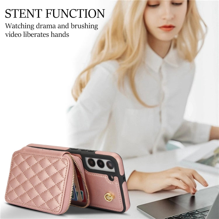 For Samsung Galaxy S22+ 5G AwQuer Crossbody Zipper Wallet Rhombic Leather Back Phone Case