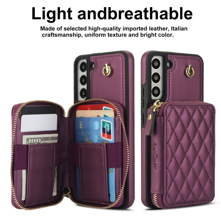 For Samsung Galaxy S22+ 5G AwQuer Crossbody Zipper Wallet Rhombic Leather Back Phone Case