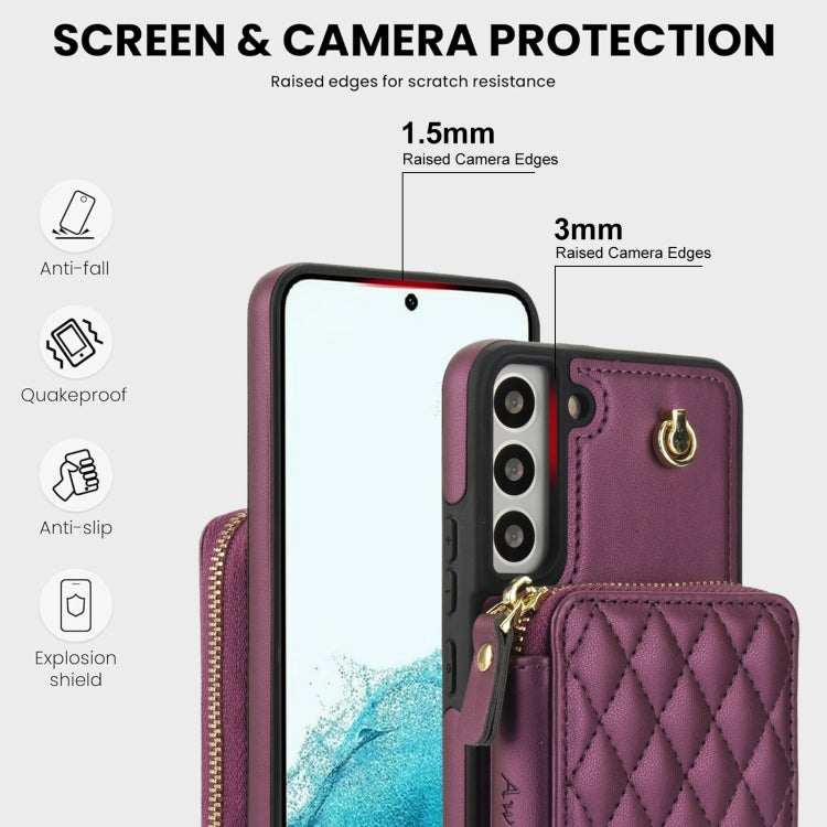 For Samsung Galaxy S22+ 5G AwQuer Crossbody Zipper Wallet Rhombic Leather Back Phone Case