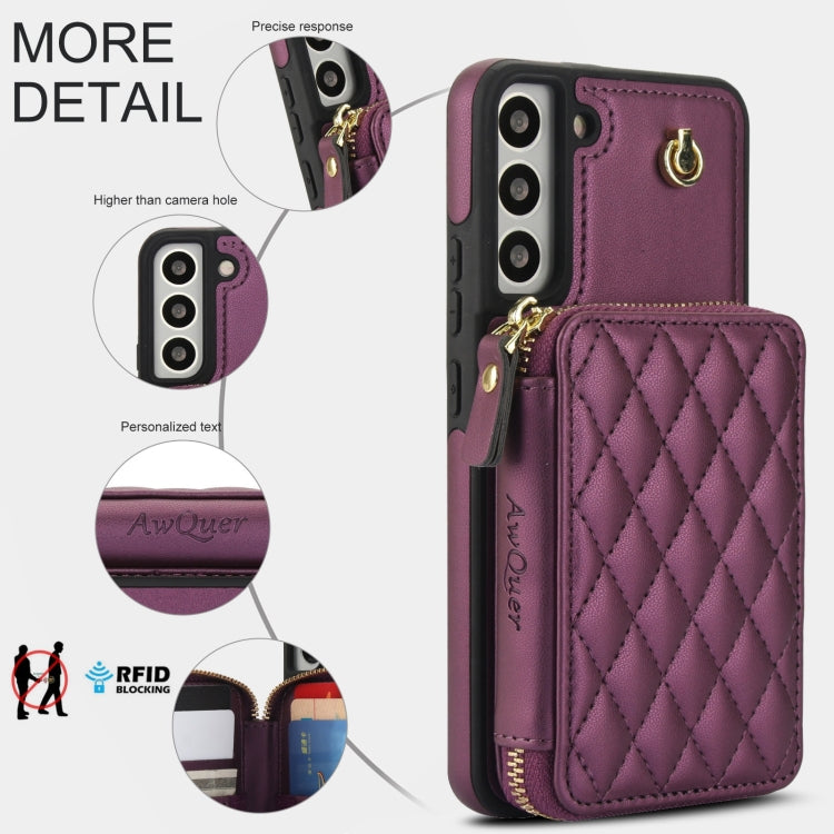 For Samsung Galaxy S22+ 5G AwQuer Crossbody Zipper Wallet Rhombic Leather Back Phone Case