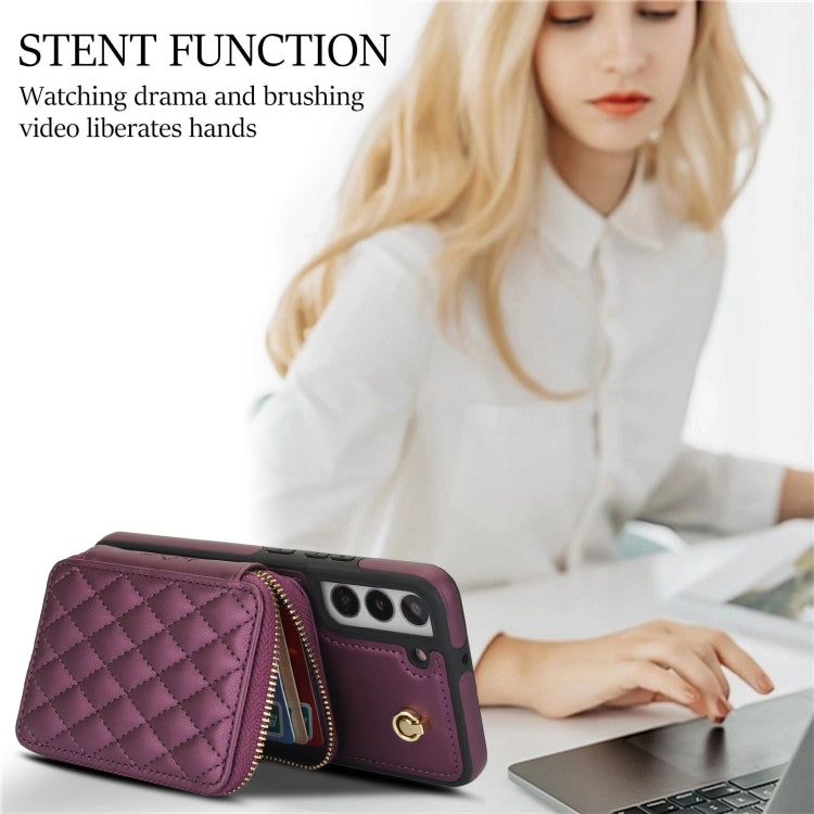 For Samsung Galaxy S22+ 5G AwQuer Crossbody Zipper Wallet Rhombic Leather Back Phone Case