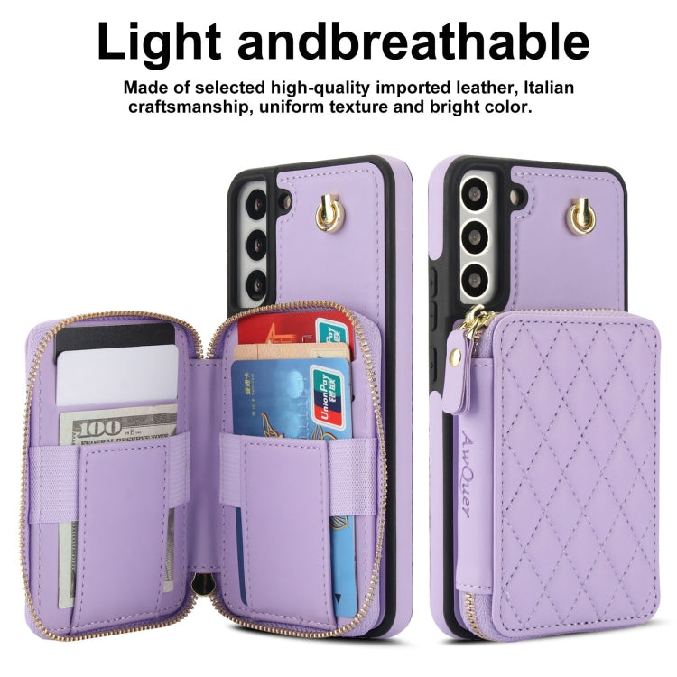For Samsung Galaxy S22+ 5G AwQuer Crossbody Zipper Wallet Rhombic Leather Back Phone Case