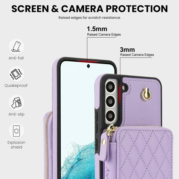For Samsung Galaxy S22+ 5G AwQuer Crossbody Zipper Wallet Rhombic Leather Back Phone Case