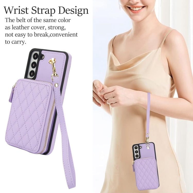 For Samsung Galaxy S22+ 5G AwQuer Crossbody Zipper Wallet Rhombic Leather Back Phone Case