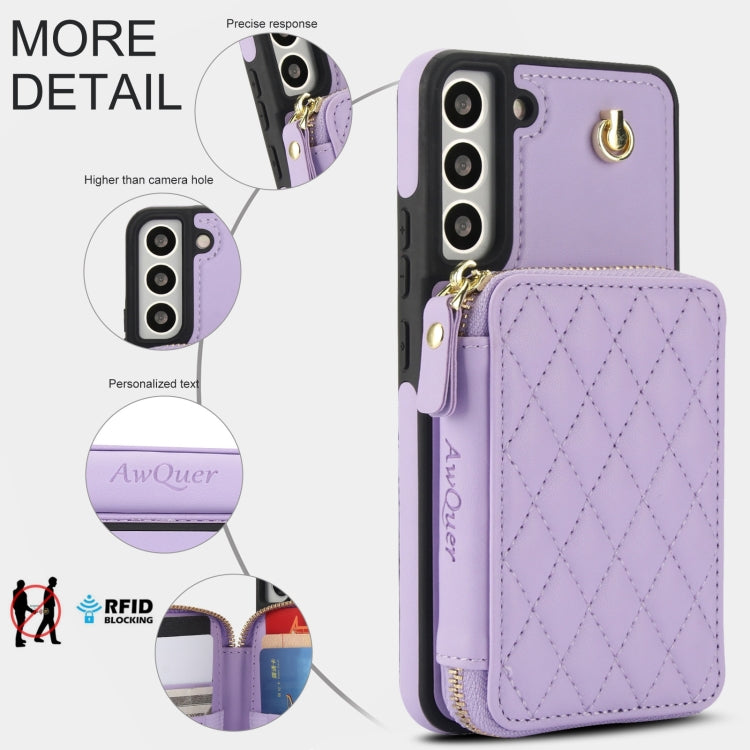 For Samsung Galaxy S22+ 5G AwQuer Crossbody Zipper Wallet Rhombic Leather Back Phone Case