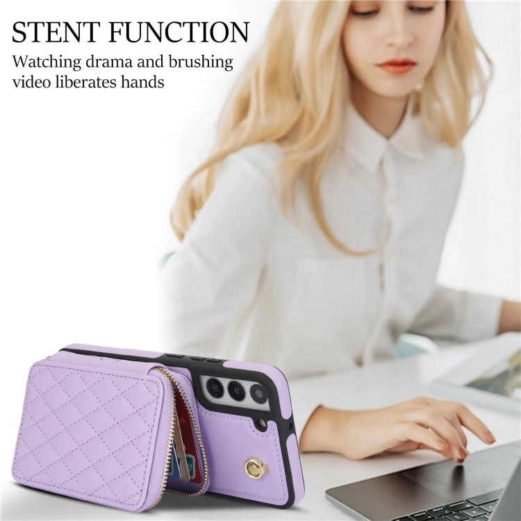 For Samsung Galaxy S22+ 5G AwQuer Crossbody Zipper Wallet Rhombic Leather Back Phone Case