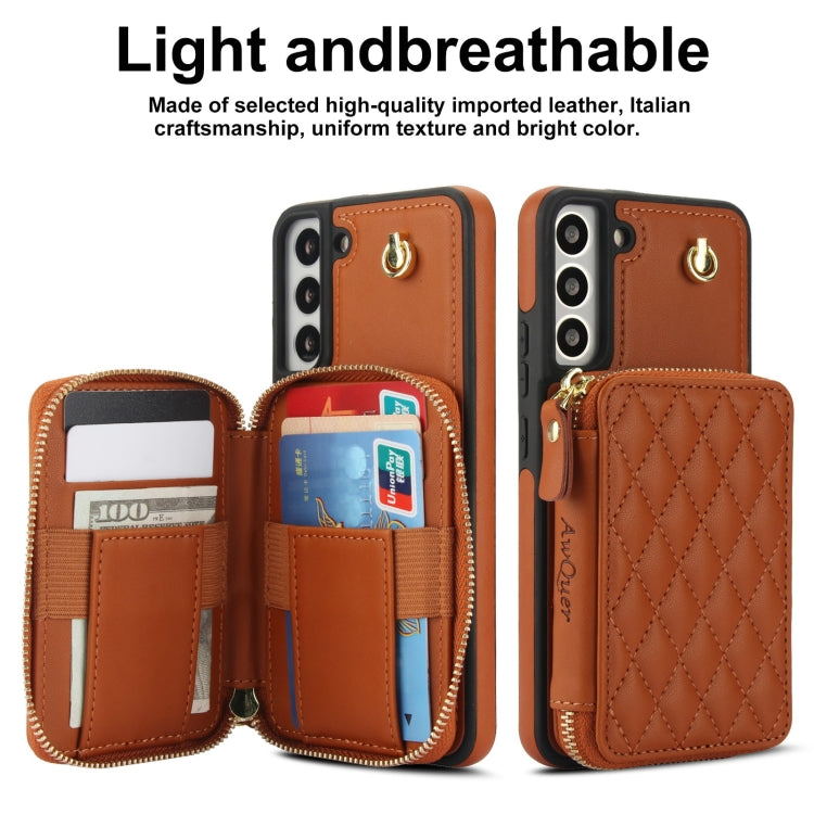 For Samsung Galaxy S22+ 5G AwQuer Crossbody Zipper Wallet Rhombic Leather Back Phone Case