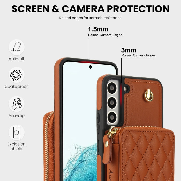 For Samsung Galaxy S22+ 5G AwQuer Crossbody Zipper Wallet Rhombic Leather Back Phone Case