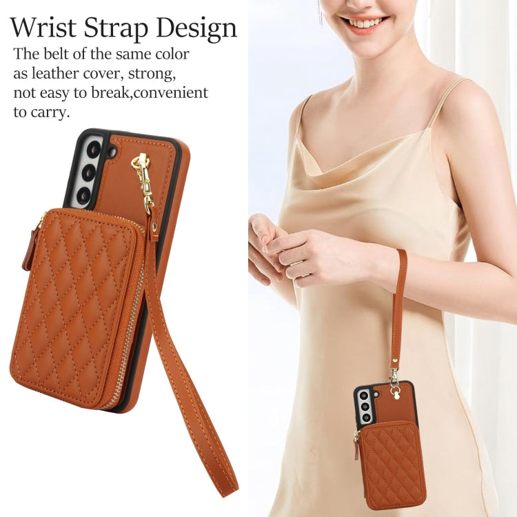 For Samsung Galaxy S22+ 5G AwQuer Crossbody Zipper Wallet Rhombic Leather Back Phone Case