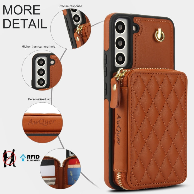 For Samsung Galaxy S22+ 5G AwQuer Crossbody Zipper Wallet Rhombic Leather Back Phone Case