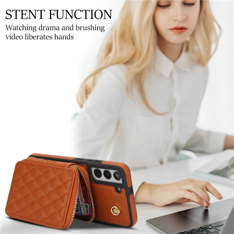 For Samsung Galaxy S22+ 5G AwQuer Crossbody Zipper Wallet Rhombic Leather Back Phone Case