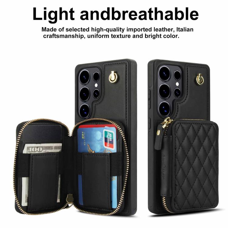For Samsung Galaxy S25 Ultra 5G AwQuer Crossbody Zipper Wallet Rhombic Leather Back Phone Case