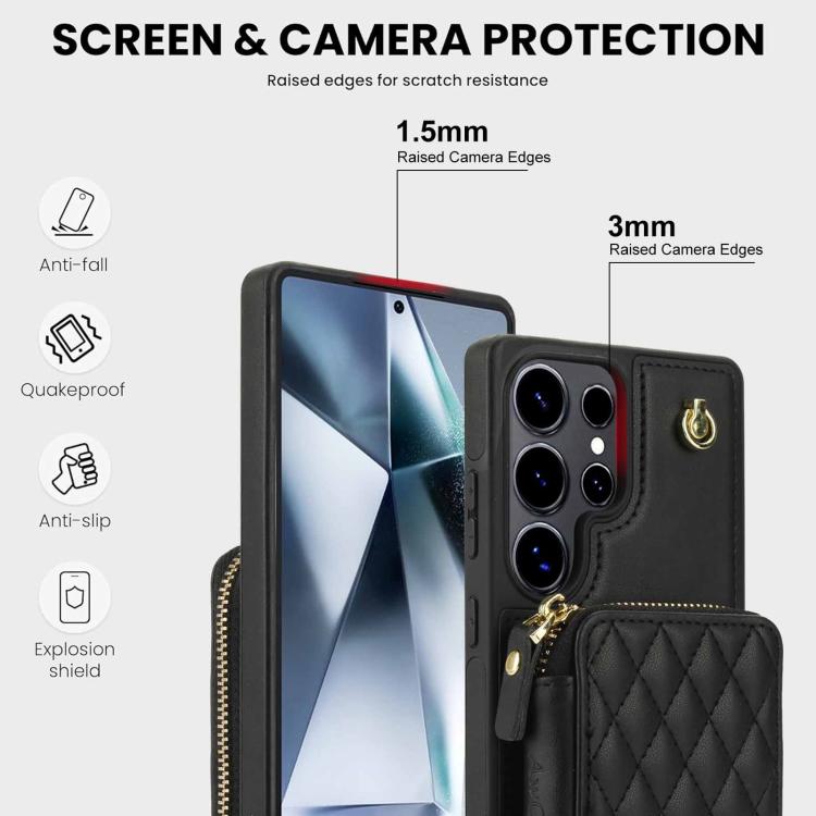 For Samsung Galaxy S25 Ultra 5G AwQuer Crossbody Zipper Wallet Rhombic Leather Back Phone Case