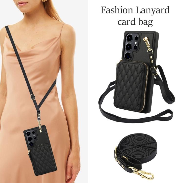 For Samsung Galaxy S25 Ultra 5G AwQuer Crossbody Zipper Wallet Rhombic Leather Back Phone Case