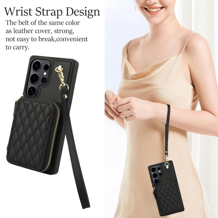 For Samsung Galaxy S25 Ultra 5G AwQuer Crossbody Zipper Wallet Rhombic Leather Back Phone Case