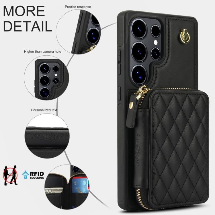 For Samsung Galaxy S25 Ultra 5G AwQuer Crossbody Zipper Wallet Rhombic Leather Back Phone Case