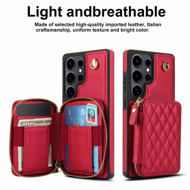 For Samsung Galaxy S25 Ultra 5G AwQuer Crossbody Zipper Wallet Rhombic Leather Back Phone Case