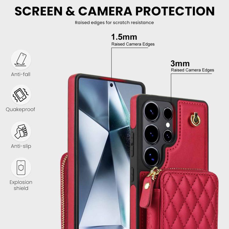 For Samsung Galaxy S25 Ultra 5G AwQuer Crossbody Zipper Wallet Rhombic Leather Back Phone Case