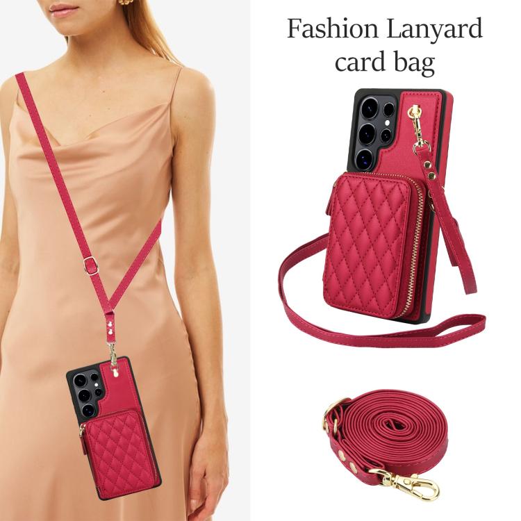 For Samsung Galaxy S25 Ultra 5G AwQuer Crossbody Zipper Wallet Rhombic Leather Back Phone Case