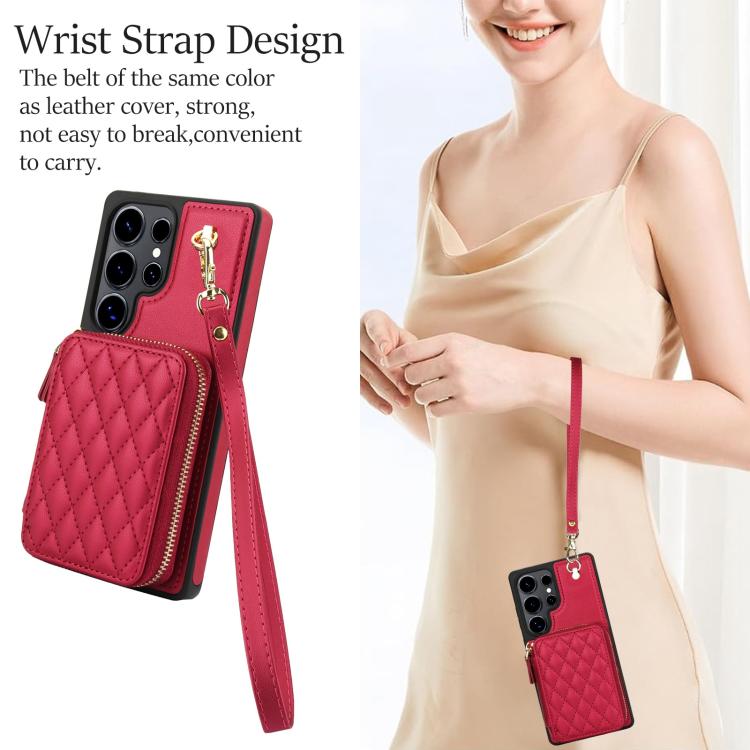 For Samsung Galaxy S25 Ultra 5G AwQuer Crossbody Zipper Wallet Rhombic Leather Back Phone Case