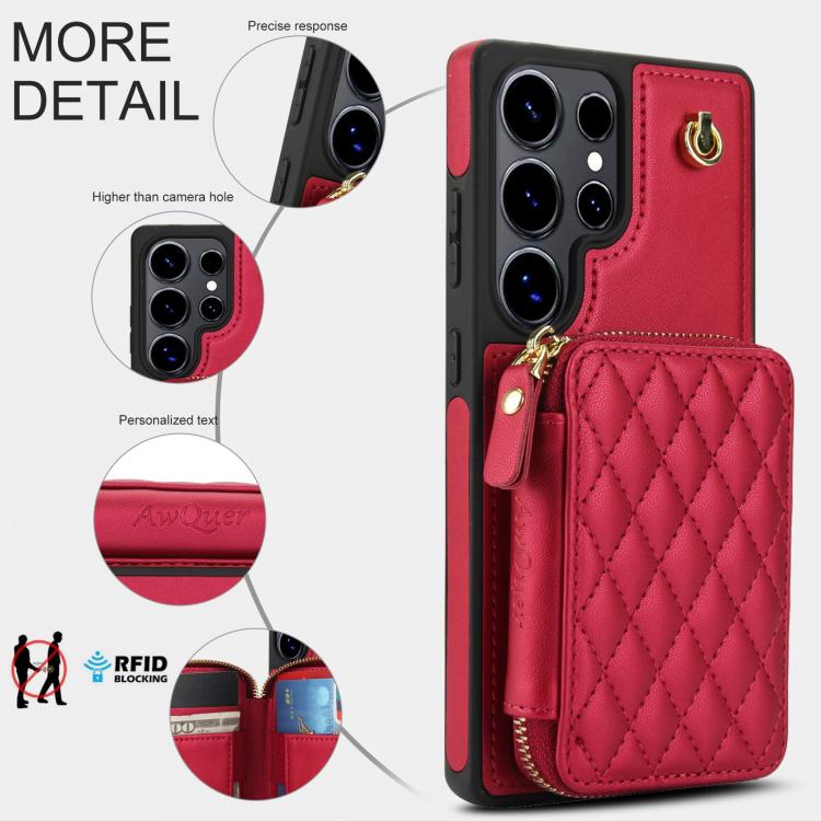 For Samsung Galaxy S25 Ultra 5G AwQuer Crossbody Zipper Wallet Rhombic Leather Back Phone Case