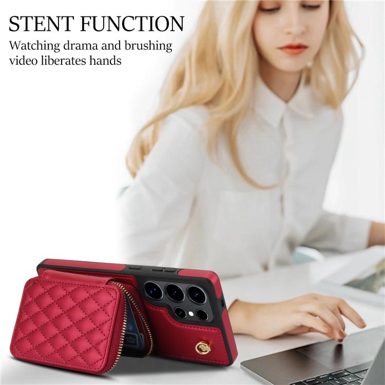 For Samsung Galaxy S25 Ultra 5G AwQuer Crossbody Zipper Wallet Rhombic Leather Back Phone Case