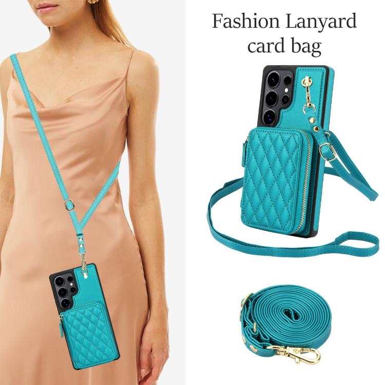 For Samsung Galaxy S25 Ultra 5G AwQuer Crossbody Zipper Wallet Rhombic Leather Back Phone Case
