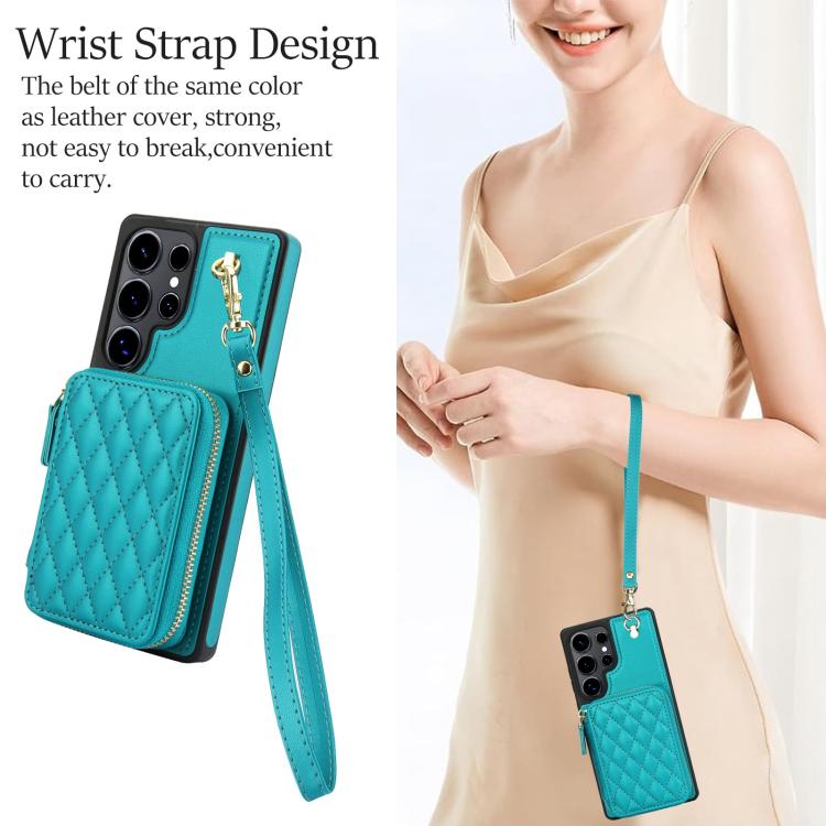 For Samsung Galaxy S25 Ultra 5G AwQuer Crossbody Zipper Wallet Rhombic Leather Back Phone Case