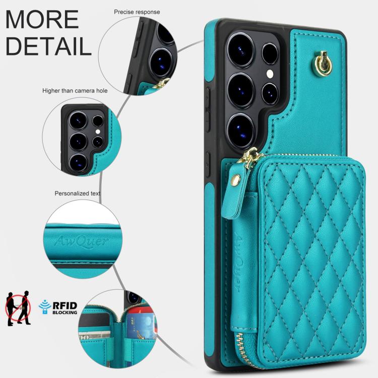 For Samsung Galaxy S25 Ultra 5G AwQuer Crossbody Zipper Wallet Rhombic Leather Back Phone Case