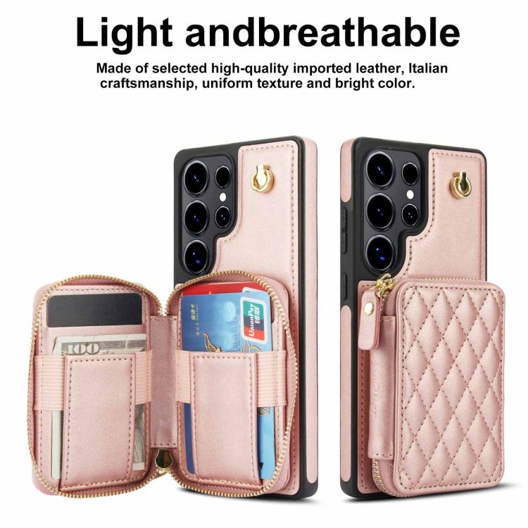For Samsung Galaxy S25 Ultra 5G AwQuer Crossbody Zipper Wallet Rhombic Leather Back Phone Case