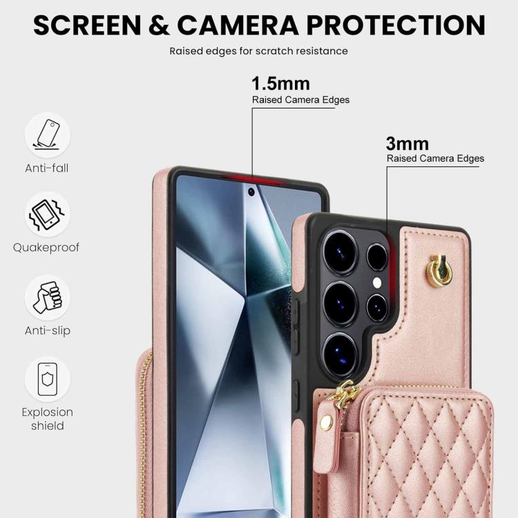 For Samsung Galaxy S25 Ultra 5G AwQuer Crossbody Zipper Wallet Rhombic Leather Back Phone Case