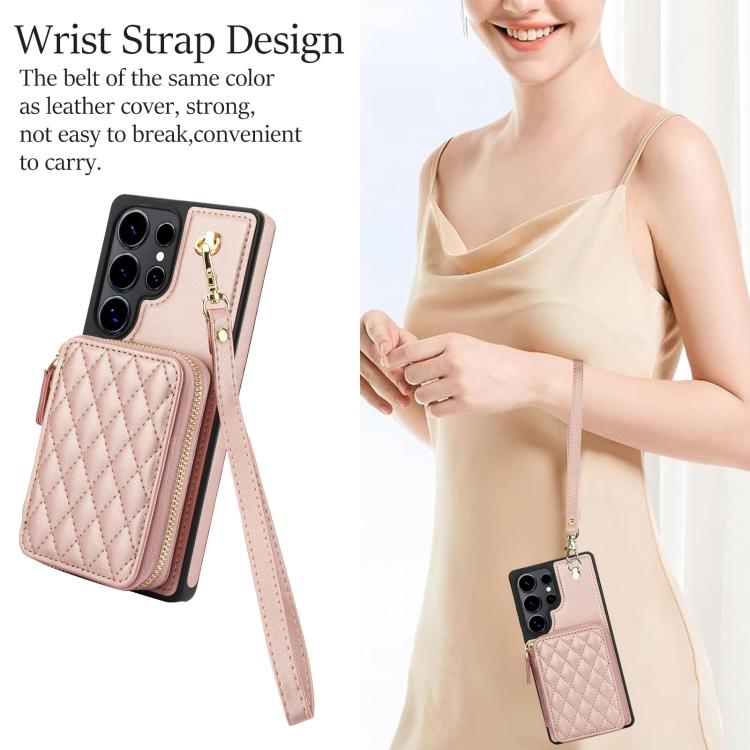 For Samsung Galaxy S25 Ultra 5G AwQuer Crossbody Zipper Wallet Rhombic Leather Back Phone Case