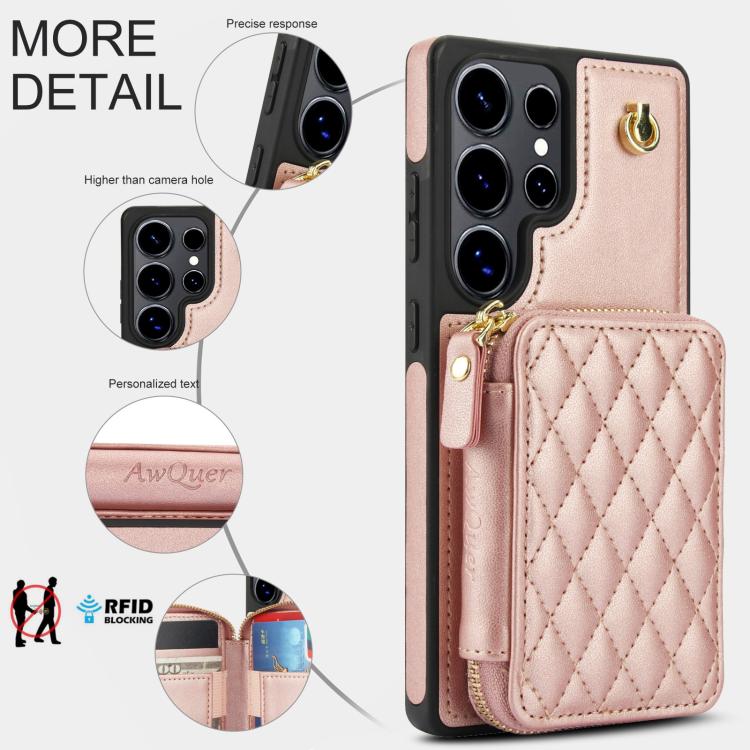 For Samsung Galaxy S25 Ultra 5G AwQuer Crossbody Zipper Wallet Rhombic Leather Back Phone Case