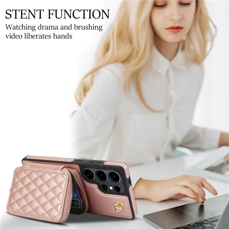 For Samsung Galaxy S25 Ultra 5G AwQuer Crossbody Zipper Wallet Rhombic Leather Back Phone Case