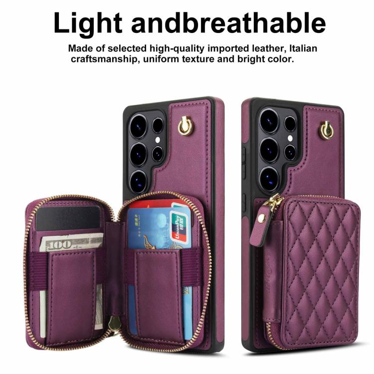 For Samsung Galaxy S25 Ultra 5G AwQuer Crossbody Zipper Wallet Rhombic Leather Back Phone Case