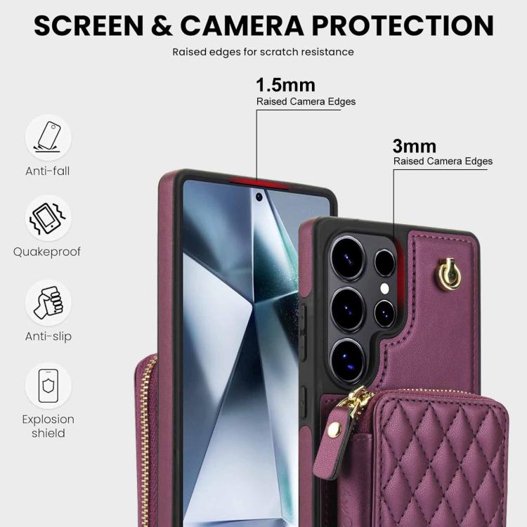 For Samsung Galaxy S25 Ultra 5G AwQuer Crossbody Zipper Wallet Rhombic Leather Back Phone Case