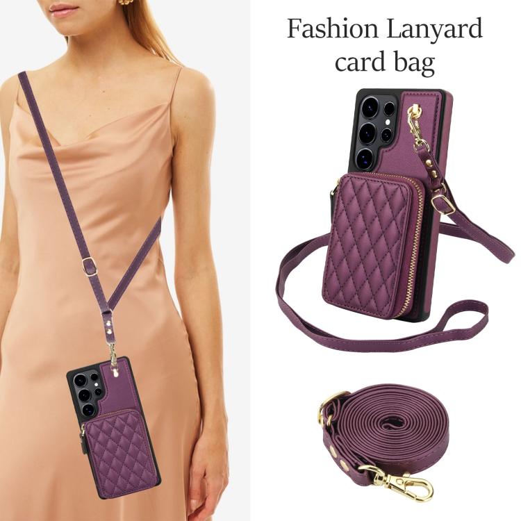 For Samsung Galaxy S25 Ultra 5G AwQuer Crossbody Zipper Wallet Rhombic Leather Back Phone Case