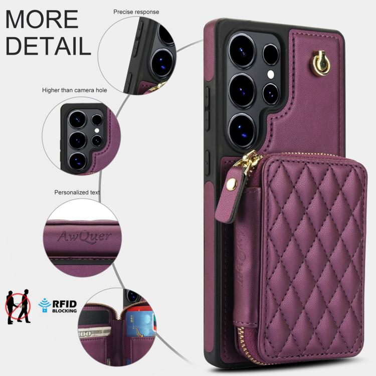 For Samsung Galaxy S25 Ultra 5G AwQuer Crossbody Zipper Wallet Rhombic Leather Back Phone Case