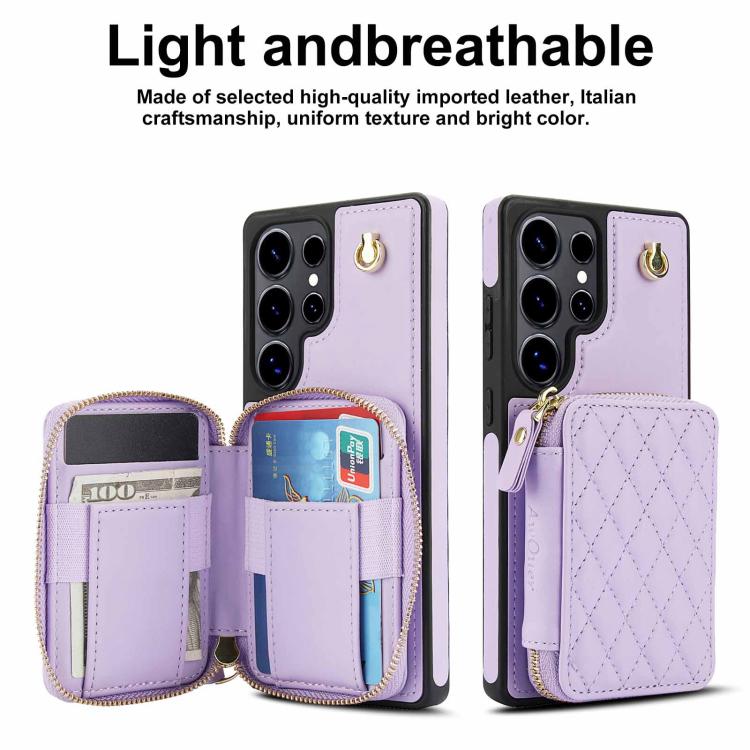 For Samsung Galaxy S25 Ultra 5G AwQuer Crossbody Zipper Wallet Rhombic Leather Back Phone Case